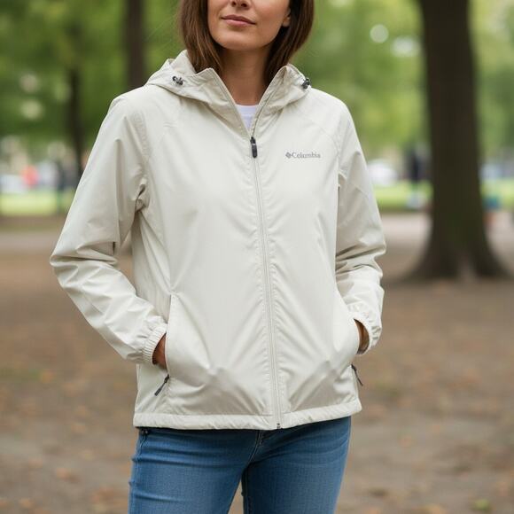 Columbia Off-White Cream Lightweight Full Zip Up Windbreaker Jacket Hooded XL - Picture 1 of 7